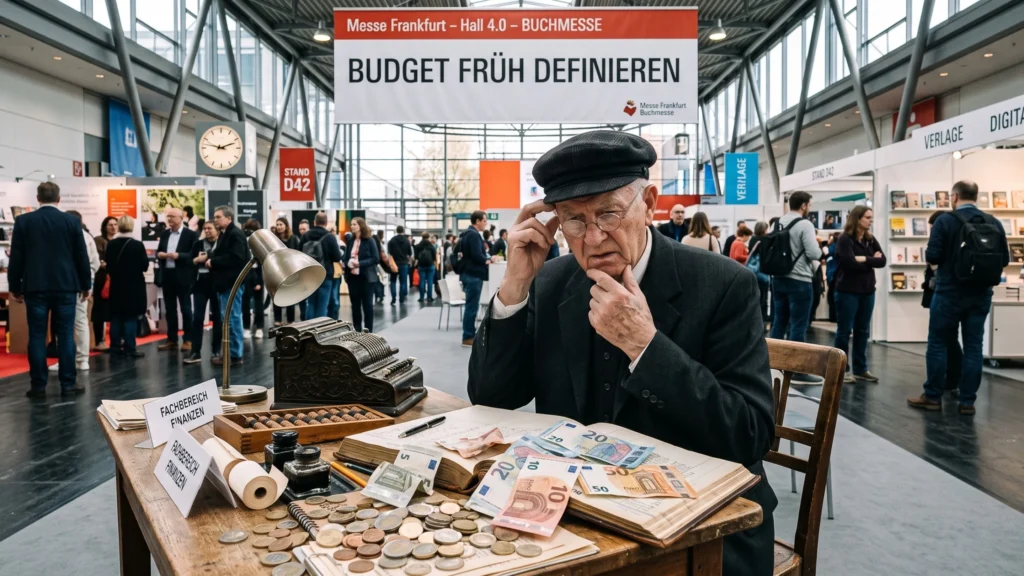 Fotorealistische Darstellung zum Thema frühzeitige Budgetplanung für einen Messestand auf der Messe Frankfurt. Im Vordergrund sitzt ein älterer Mann an einem Tisch und kalkuliert sichtbar nachdenklich die anfallenden Kosten. Auf dem Tisch liegen Euro-Banknoten und Münzen, Unterlagen, Notizen und klassische Rechenhilfen. Im Hintergrund ist eine gut besuchte Messehalle mit zahlreichen Ausstellern, Messeständen und Besuchern zu sehen. Ein großes Banner mit der Aufschrift „Budget früh definieren“ verdeutlicht das zentrale Thema. Die Szene zeigt, wie wichtig es ist, das Messebudget bereits zu Beginn der Messestandplanung festzulegen, um Kosten für Standbau, Technik, Grafik, Ausstattung, Transport, Montage und weitere Leistungen realistisch zu kontrollieren.