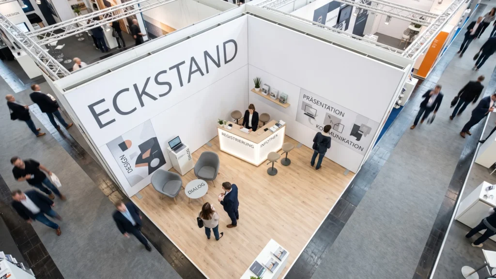 Fotorealistische Darstellung eines Eckstands in einer modernen Messehalle aus der Vogelperspektive. Der Messestand ist an zwei Seiten offen und verfügt über große weiße Rückwände, eine deutlich sichtbare Markenfläche, einen beleuchteten Empfangs- und Informationscounter, Präsentationsbereiche sowie eine kleine Besprechungszone mit Sesseln und Tisch. Der helle Holzboden schafft einen warmen Kontrast zur klaren, minimalistischen Standgestaltung. Rund um den Stand bewegen sich zahlreiche Messebesucher durch die angrenzenden Gänge. Die Darstellung zeigt anschaulich, wie ein Eckstand durch zwei offene Seiten eine gute Sichtbarkeit, eine klare Besucherführung und mehrere Zugänge ermöglicht.