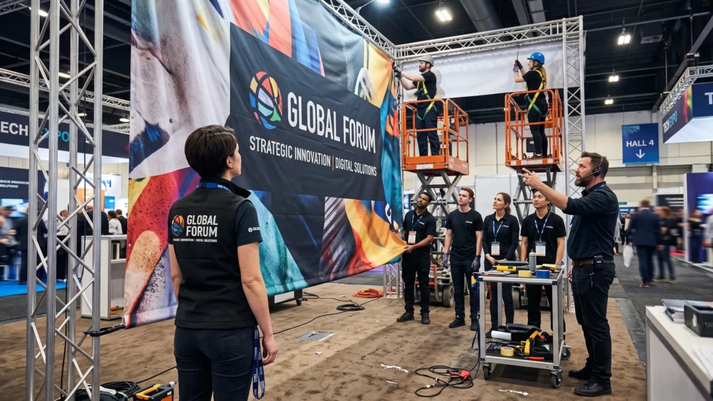 Fotorealistische Darstellung der professionellen Montage einer großformatigen Stoffgrafik an einem Messestand in einer Messehalle. Mehrere Monteure und Projektverantwortliche arbeiten gemeinsam an der Befestigung und Ausrichtung des bedruckten Banners innerhalb einer hohen Traversen-Konstruktion. Zwei Fachkräfte arbeiten auf Hebebühnen im oberen Bereich, während das Team am Boden die Montage koordiniert und kontrolliert. Die großflächige Grafik mit auffälligem Corporate Design und deutlich sichtbarem Branding dient als zentrales Gestaltungselement des Messestands. Im Hintergrund sind weitere Messestände, Besucher, Hallenbeleuchtung und technische Messekonstruktionen zu sehen. Die Szene verdeutlicht die Bedeutung von präziser Montage, sicherer Befestigung und strategisch eingesetzten Grafikflächen für eine starke Fernwirkung und professionelle Markenpräsentation auf einer Messe.