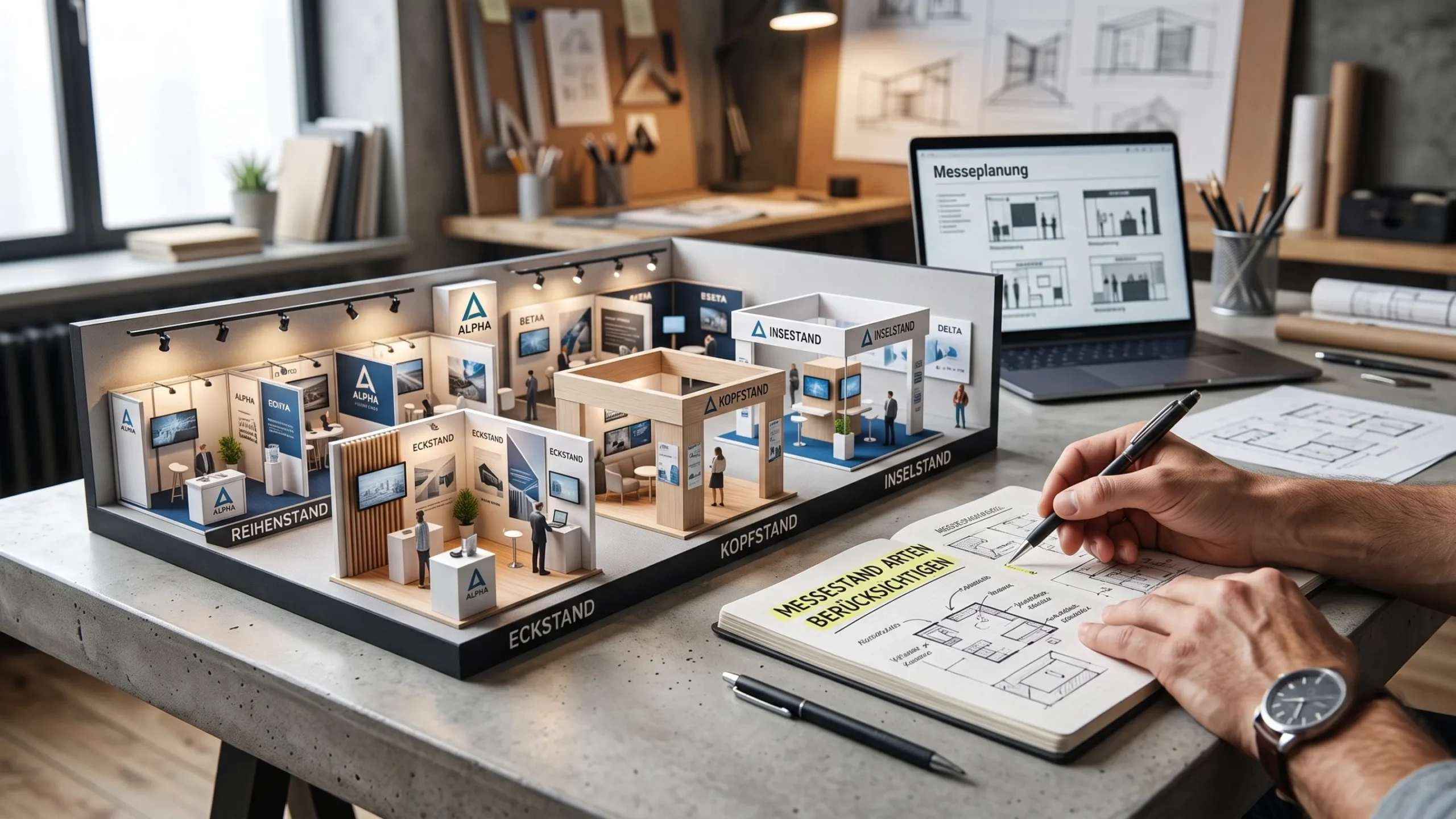 Fotorealistische Darstellung verschiedener Messestandarten während der Planungsphase. Auf einem detaillierten Architekturmodell sind mehrere Standformen wie Reihenstand, Eckstand, Kopfstand und Inselstand dargestellt, jeweils mit unterschiedlichen Zugängen, Wänden, Präsentationsflächen, Beleuchtung und Möbeln. Im Vordergrund arbeitet ein Planer an Skizzen und Grundrissen, während auf einem Laptop weitere Varianten der Messeplanung zu sehen sind. Die Szene veranschaulicht, wie die Wahl der passenden Standart die Gestaltung, Besucherführung und Nutzung eines Messestands beeinflusst.