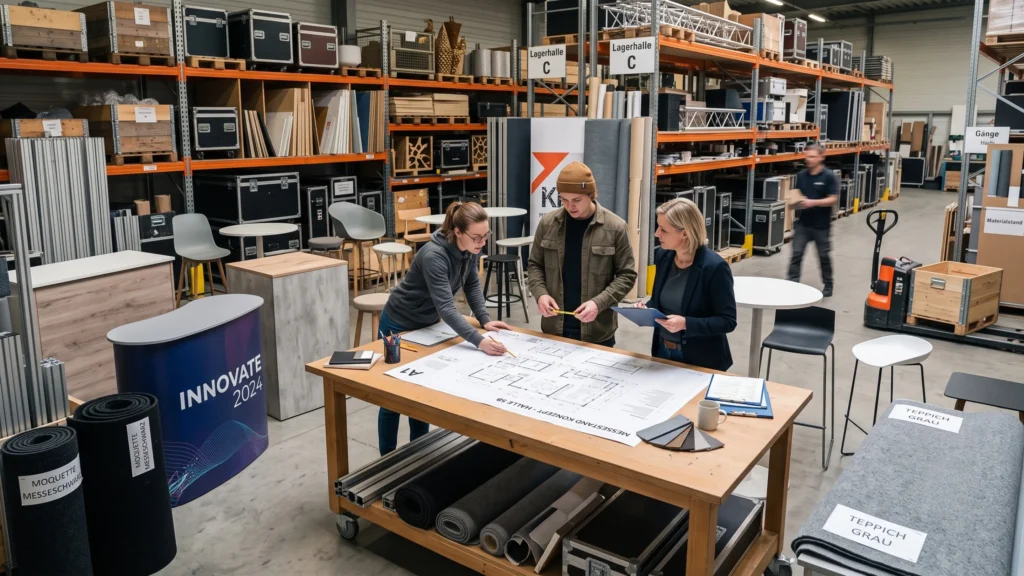 Fotorealistische Darstellung der Planung und Auswahl der Ausstattung für einen Messestand in einer professionellen Lager- und Produktionshalle. Drei Fachkräfte stehen an einem großen Arbeitstisch und prüfen gemeinsam Grundrisse, technische Zeichnungen sowie verschiedene Material- und Farbmuster. Rund um den Arbeitsplatz befinden sich zahlreiche Messebau-Elemente wie Theken, Tische, Stühle, Teppichrollen, Aluminiumprofile, Holzplatten, Transportkisten und Traversen. Im Hintergrund sind Hochregale mit gelagerten Bauteilen und weiterem Messe-Equipment zu sehen. Die Szene verdeutlicht, wie Möbel, Bodenbeläge, Materialien, Konstruktionselemente und funktionale Ausstattung sorgfältig ausgewählt und auf das Messestandkonzept abgestimmt werden.