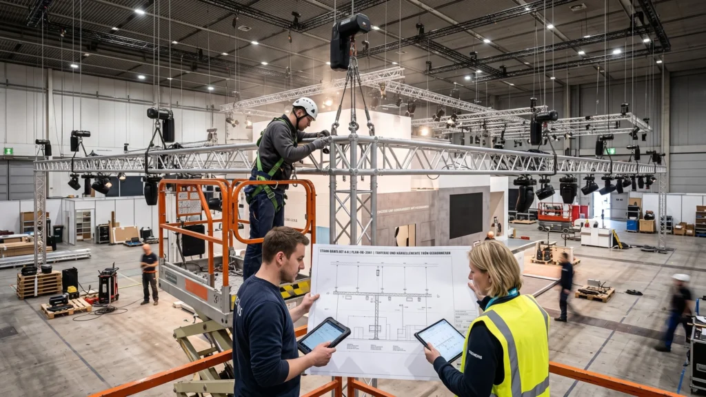 Fotorealistische Darstellung der professionellen Montage einer Traversen- und Hängekonstruktion in einer großen Messehalle. Ein Monteur arbeitet gesichert auf einer Hebebühne an einer großflächigen Traversenstruktur, die mit Scheinwerfern, Motorzügen und technischen Hängepunkten ausgestattet ist. Im Vordergrund koordinieren zwei Projektverantwortliche die Installation anhand eines technischen Plans und digitaler Geräte. Im Hintergrund sind weitere Messestände, Aufbauarbeiten, Beleuchtungselemente und Halleninfrastruktur zu sehen. Die Szene verdeutlicht, wie wichtig die frühzeitige Planung, statische Abstimmung und sichere Montage von Traversen und Hängeelementen für Beleuchtung, Sichtbarkeit und die technische Umsetzung eines professionellen Messestands sind.