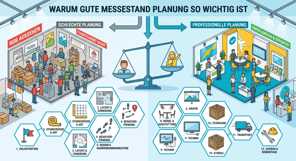 Infografik zur Bedeutung einer professionellen Messestandplanung. Links wird eine schlecht geplante, unübersichtliche Standgestaltung mit ungünstiger Besucherführung dargestellt, während rechts ein professionell geplanter, moderner und funktionaler Messestand zu sehen ist. In der Mitte symbolisiert eine Waage den Vergleich zwischen schlechter und professioneller Planung. Im unteren Bereich werden wichtige Planungsschritte wie Zieldefinition, Standgröße und Standart, Layout und Zonierung, Besucherführung, Design und Markenkommunikation, Grafik, Möbel und Ausstattung, Technik, Stauraum, Transport sowie Auf- und Demontage dargestellt.